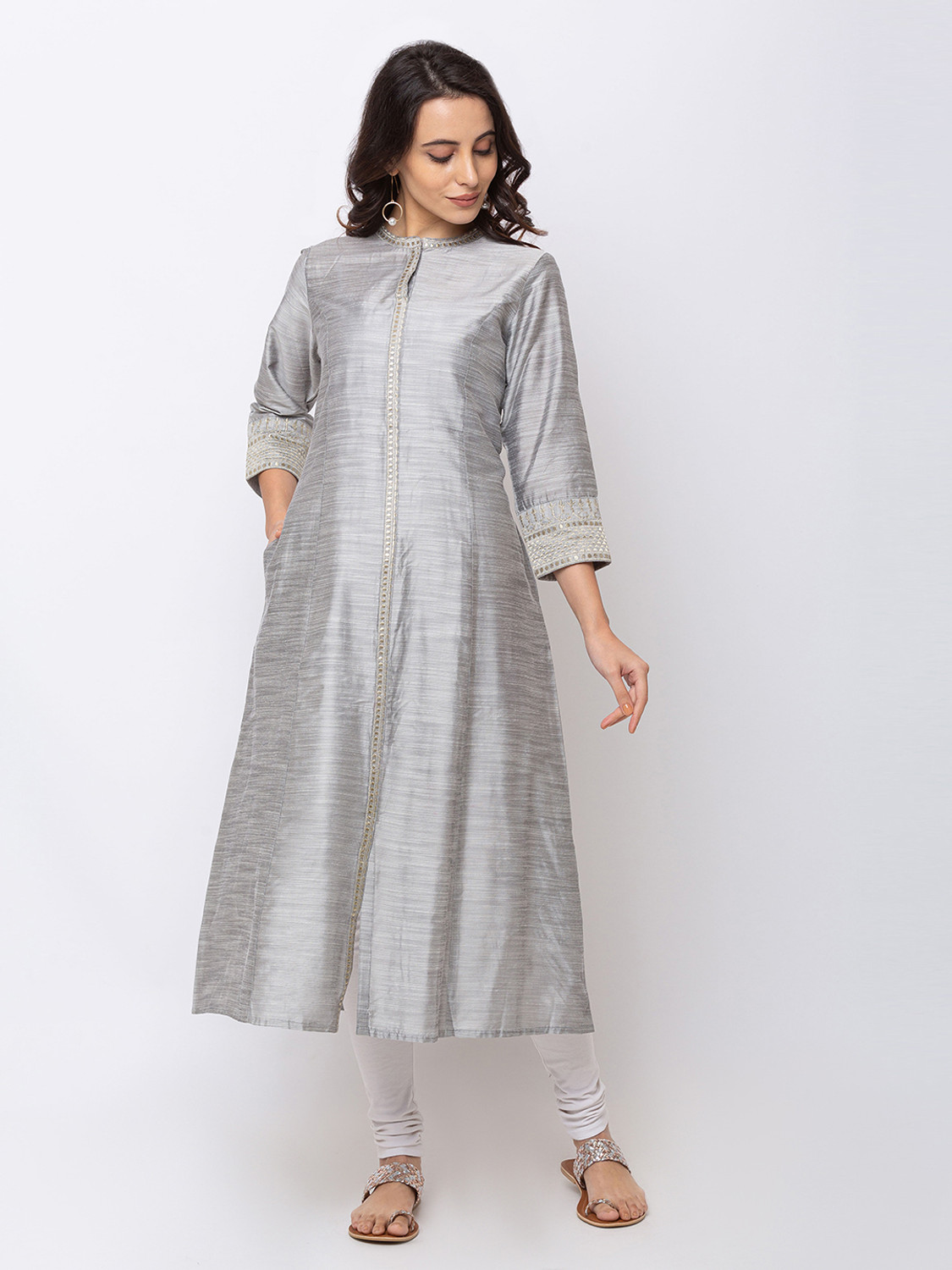 Cotton High Neck Collared Long Kurti With Self Weaving And Embroidery Patch  Work