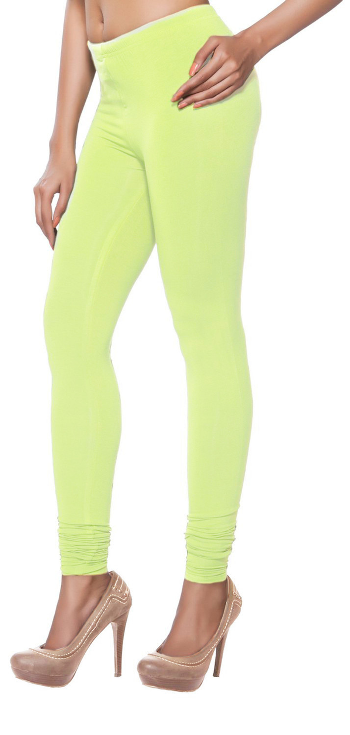 Solid Knit Churidar Leggings - Lime Green, Women, Indian Clothing