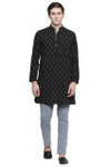 Men's Indian Long Kurta Tunic : Black with Ikkat Print - Full display | In-Sattva