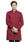 Men's Indian Long Kurta Tunic : Red with Ikkat Print - Front | In-Sattva