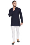Shatranj Men's Indian Mandarin Collar Handcrafted Dobby Embroidered Kurta Tunic Navy