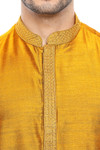 Men's Classic Band Collar, Embroidered Indian Kurta Tunic : Lovely Placket Mustard - Fabric Closeup View