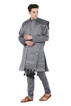 In-Sattva Men's Indian Four-Piece Ensemble Elegant Embroidered Kurta Tunic Pajama Grey