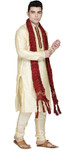 In-Sattva Men's Indian Three-Piece Ensemble Round Neck Pintucked Contrast Kurta Tunic Pajama Beige