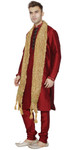 In-Sattva Men's Indian Three-Piece Ensemble Round Neck Pintucked Contrast Kurta Tunic Pajama Red