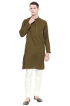Shatranj Men's Indian Banded Collar Subtle Embroidered Placket Long Kurta Tunic Bottle Green