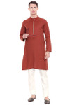 Shatranj Men's Indian Banded Collar Subtle Embroidered Placket Long Kurta Tunic Rust