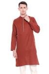 Shatranj Men's Indian Banded Collar Subtle Embroidered Placket Long Kurta Tunic Rust