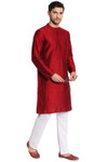 Shatranj Men's Indian Classic Collar Hand Embroidered Placket Long Kurta Tunic Maroon
