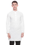 Men's  Indian Traditional Embroidered Mandarin collar Kurta Tunic: All Over White Oval | Front view | In-Sattva Men's  Indian Traditional Embroidered Mandarin collar Kurta Tunic: All Over White Oval | Front view | In-Sattva