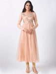 In-Sattva Women's Elegant Handmade Floral Embroidered Peach Dress