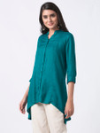 Ethnicity Teal High-Low Kurta Tunic with Functional Button Placket