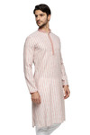 Ethnix Men's Mandarin Collar Fine Pink Stripe with Embroidered Placket Long Kurta Tunic