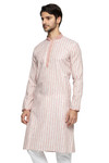 Ethnix Men's Mandarin Collar Fine Pink Stripe with Embroidered Placket Long Kurta Tunic