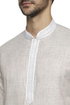 Ethnix Men's Banded Collar Solid Fawn Textured with Embroidered Placket Long Kurta Tunic
