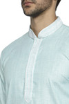 Ethnix Men's Banded Collar Solid Turquoise Textured with Embroidered Placket Long Kurta Tunic