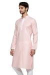 Ethnix Men's Banded Collar Solid Peach Textured with Embroidered Placket Long Kurta Tunic