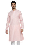 Ethnix Men's Banded Collar Solid Peach Textured with Embroidered Placket Long Kurta Tunic
