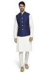 Ethnix Men's Handmade Banded CollarPure Cotton Linen Nehru Jacket Vest; Navy Blue