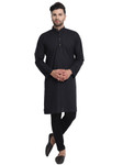 In-Sattva Men's Indian Long Black Kurta Tunic Pathani Pure Cotton, Full Front View