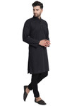 In-Sattva Men's Indian Long Black Kurta Tunic Pathani Pure Cotton, Full Side View