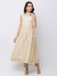 Ethnicity Silky Beige Fit and Flare Long Sleeveless Kurta Tunic with White and Gold Detailing
