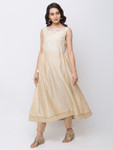 Ethnicity Silky Beige Fit and Flare Long Sleeveless Kurta Tunic with White and Gold Detailing