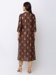 Ethnicity Brown Long Women's Button Up Kurta Tunic Dress with Embroidery
