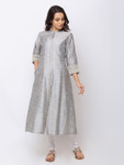 Ethnicity Metallic Grey Long Button Down High-Neck Kurta Tunic Dress