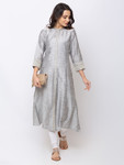 Ethnicity Metallic Grey Long Button Down High-Neck Kurta Tunic Dress