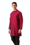 In-Sattva Men's Mandarin Collar Micro Dobby Fine Print Mid-Length Kurta Tunic Magenta