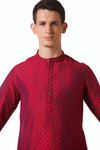 In-Sattva Men's Mandarin Collar Micro Dobby Fine Print Mid-Length Kurta Tunic Magenta