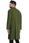 In-Sattva Men's Indian Banded Classic Collar Pure Cotton Olive Green Long Kurta Tunic