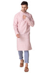 In-Sattva Men's Banded Collar Vintage Cotton Striped Spanish Pink Long Kurta Tunic with Jeans | Front View