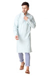 In-Sattva Men's Banded Collar Vintage Cotton Striped Sky Blue Long Kurta Tunic with Jeans | Front View
