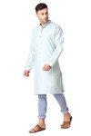 In-Sattva Men's Banded Collar Vintage Cotton Striped Sky Blue Long Kurta Tunic with Jeans | Left View
