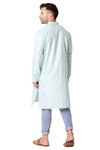 In-Sattva Men's Banded Collar Vintage Cotton Striped Sky Blue Long Kurta Tunic with Jeans | Back View