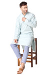 In-Sattva Men's Banded Collar Vintage Cotton Striped Sky Blue Long Kurta Tunic | Display Image