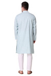 In-Sattva Men's Banded Collar Vintage Cotton Striped Sky Blue Long Kurta Tunic with White Pants | Back View