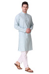 In-Sattva Men's Banded Collar Vintage Cotton Striped Sky Blue Long Kurta Tunic with White Pants | Right View