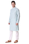 In-Sattva Men's Banded Collar Vintage Cotton Striped Sky Blue Long Kurta Tunic with White Pants | Left View