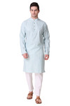 In-Sattva Men's Banded Collar Vintage Cotton Striped Sky Blue Long Kurta Tunic with White Pants | Front View