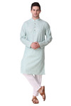 In-Sattva Men's Banded Collar Vintage Cotton Striped Tea Green Long Kurta Tunic with White Pants | Front View