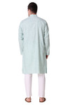 In-Sattva Men's Banded Collar Vintage Cotton Striped Tea Green Long Kurta Tunic with White Pants | Back View