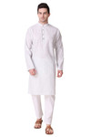 In-Sattva Men's Banded Collar Vintage Cotton Striped Light Grey Long Kurta Tunic with White Pants | Front View