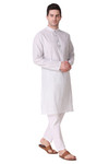 In-Sattva Men's Banded Collar Vintage Cotton Striped Light Grey Long Kurta Tunic with White Pants | Right View