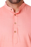 In-Sattva Men's Banded Classic Collar Pure Cotton Long Coral Pink Kurta Tunic | Collar Close Up