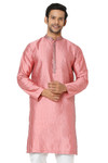 In-Sattva Men's Vertical Pleat Embroidered Banded Collar and Placket Rose Pink Kurta Tunic | Main Image