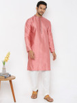 In-Sattva Men's Vertical Pleat Embroidered Banded Collar and Placket Rose Pink Kurta Tunic | Lifestyle Image