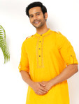 Men's Golden Yellow Kurta Tunic with Mandarin Collar and Shoulder Straps | Natural View